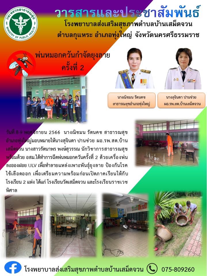 นที่ 8-9 พฤศจิกายน 2566 นางณิชมน รัตนคช สาธารณสุขอำเภอทุ่งใหญ่มอบหมายให้นางสุจินดา ปานช่วย ผอ.รพ.สต.บ้านเสม็ดจวน นางสาวรัตนาพร พงษ์สุวรรณ นักวิชาการสาธารณสุข พร้อมด้วย อสม.ได้ทำการฉีดพ่นหมอกควันครั้งที่ 2 ด้วยเครื่องพ่นละอองฝอย ULV เพื่อทำลายแหล่งเพาะพันธุ์ยุงลาย ป้องกันโรคไข้เลือดออก เพื่อเตรียมความพร้อมก่อนเปิดภาคเรียนให้กับโรงเรียน 2 แห่ง ได้แก่ โรงเรียนวัดเสม็ดจวน และโรงเรียนราชเวชพิศาล
