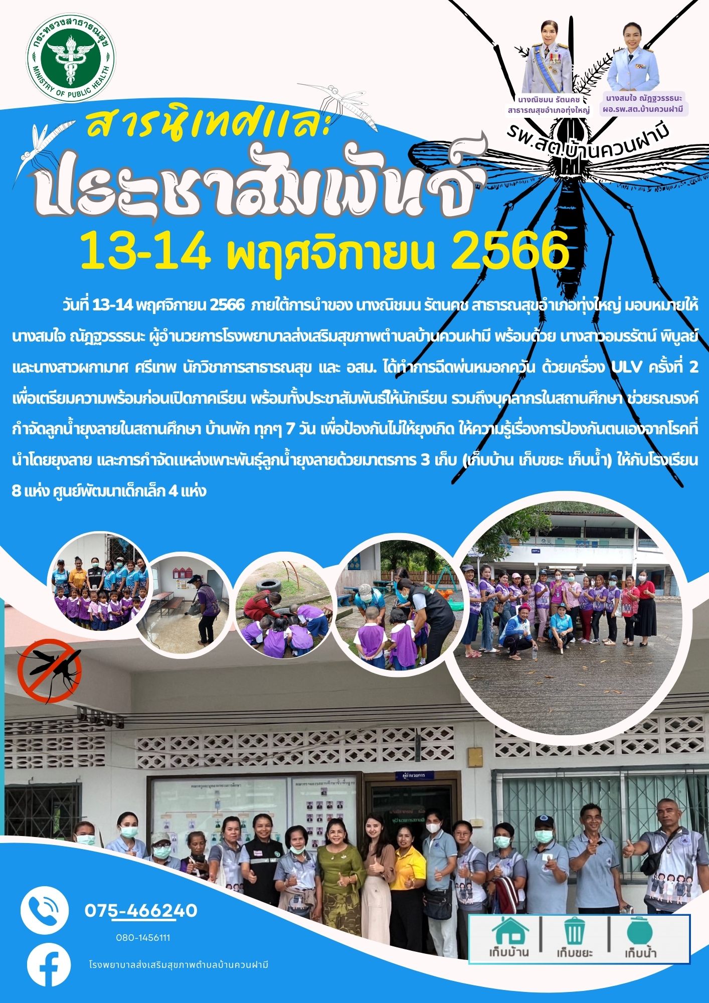 วันที่ 13-14 พฤศจิกายน 2566 ภายใต้การนำของ นางณิชมน รัตนคช สาธารณสุขอำเภอทุ่งใหญ่ มอบหมายให้ นางสมใจ ณัฎฐวรรธนะ ผู้อำนวยการโรงพยาบาลส่งเสริมสุขภาพตำบลบ้านควนฝามี พร้อมด้วย นางสาวอมรรัตน์ พิบูลย์ เเละนางสาวผกามาศ ศรีเทพ นักวิชาการสาธารณสุข เเละ อสม. ได้ทำการฉีดพ่นหมอกควัน ด้วยเครื่อง ULV ครั้งที่ 2 เพื่อเตรียมความพร้อมก่อนเปิดภาคเรียน พร้อมทั้งประชาสัมพันธ์ใ้ห้นักเรียน รวมถึงบุคลากรในสถานศึกษา ช่วยรณรงค์กำจัดลูกน้ำยุงลายในสถานศึกษา บ้านพัก ทุกๆ 7 วัน เพื่อป้องกันไม่ให้ยุงเกิด ให้ความรู้เรื่องการป้องกันตนเองจากโรคที่นำโดยยุงลาย เเละการกำจัดแหล่งเพาะพั﻿นธุ์ลูกน้ำยุงลายด้วยมาตรการ 3 เก็บ (เก็บบ้าน เก็บขยะ เก็บน้ำ) ให้กับโรงเรียน 8 เเห่ง ศูนย์พัฒนาเด็กเล็ก 4 เเห่ง