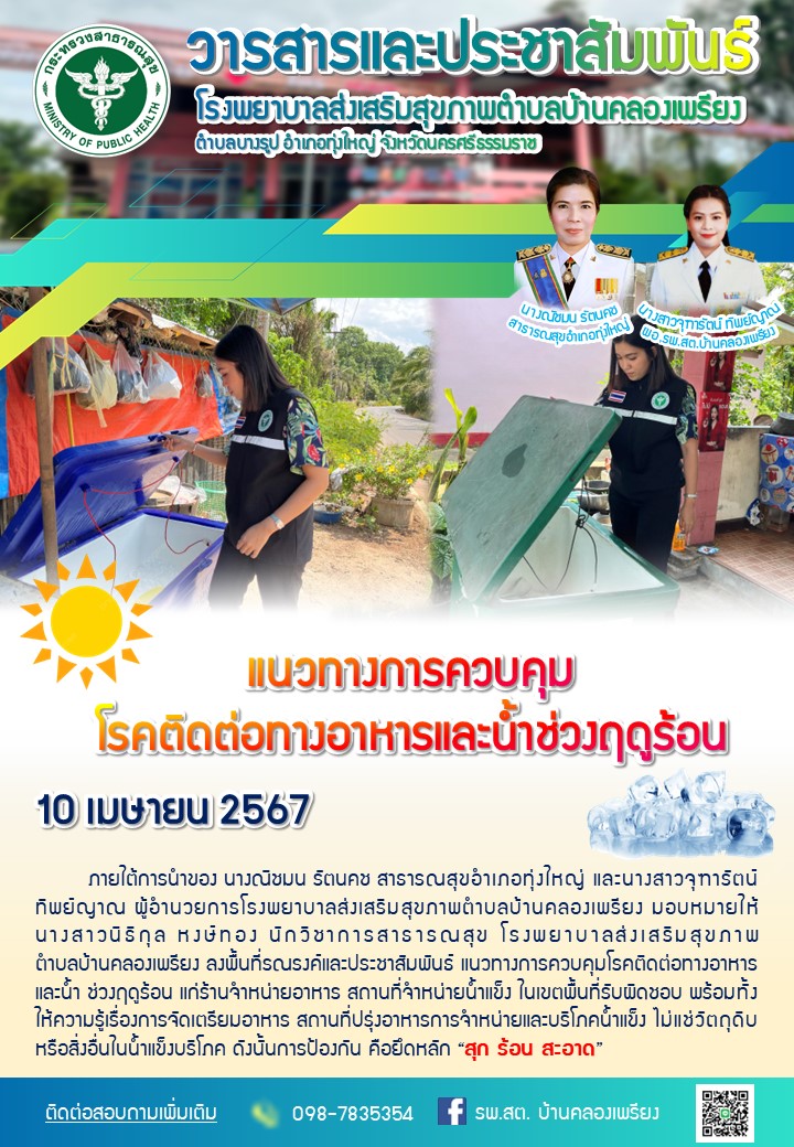 แนวทางการควบคุม โรคติดต่อทางอาหารและน้ำช่วงฤดูร้อน
10 เมษายน 2567ภายใต้การนำของ นางณิชมน รัตนคช สาธารณสุขอำเภอทุ่งใหญ่ และนางสาวจุฑารัตน์ ทิพย์ญาณ ผู้อำนวยการโรงพยาบาลส่งเสริมสุขภาพตำบลบ้านคลองเพรียง มอบหมายให้ นางสาวนิธิกุล หงษ์ทอง นักวิชาการสาธารณสุข โรงพยาบาลส่งเสริมสุขภาพตำบลบ้านคลองเพรียง ลงพื้นที่รณรงค์และประชาสัมพันธ์ แนวทางการควบคุมโรคติดต่อทางอาหารและน้ำ ช่วงฤดูร้อน แก่ร้านจำหน่ายอาหาร สถานที่จำหน่ายน้ำแข็ง ในเขตพื้นที่รับผิดชอบ พร้อมทั้งให้ความรู้เรื่องการจัดเตรียมอาหาร สถานที่ปรุ่งอาหารการจำหน่ายและบริโภคน้ำแข็ง ไม่แช่วัตถุดิบ หรือสิ่งอื่นในน้ำแข็งบริโภค ดังนั้นการป้องกัน คือยึดหลัก “สุก ร้อน สะอาด”