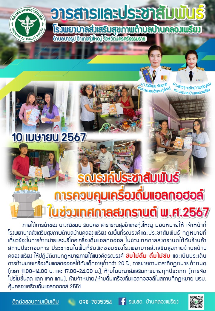 รณรงค์ประชาสัมพันธ์การควบคุมเครื่องดื่มแอลกอฮอล์ ในช่วงเทศกาลสงกรานต์ พ.ศ.2567
10 เมษายน 2567ภายใต้การนำของ นางณิชมน รัตนคช สาธารณสุขอำเภอทุ่งใหญ่ มอบหมายให้ เจ้าหน้าที่โรงพยาบาลส่งเสริมสุขภาพตำบลบ้านคลองเพรียง ลงพื้นที่รณรงค์และประชาสัมพันธ์ กฎหมายที่เกี่ยวข้องในการจำหน่ายและบริโภคเครื่องดื่มแอลกอฮอล์ ในช่วงเทศกาลสงกรานต์ให้กับร้านค้า สถานประกอบการ ประชาชนในพื้นที่รับผิดชอบของโรงพยาบาลส่งเสริมสุขภาพตำบลบ้านคลองเพรียง ให้ปฏิบัติตามกฎหมายภายใต้แนวคิดรณรงค์ ขับไม่ดื่ม ดื่มไม่ขับ และเน้นประเด็นการห้ามขายเครื่องดื่มแอลกอฮอล์ให้กับเด็กอายุต่ำกว่า 20 ปี, การขายตามเวลาที่กฎหมายกำหนด (เวลา 11.00-14.00 น. และ 17.00–24.00 น.), ห้ามโฆษณาส่งเสริมการขายทุกประเภท (การจัดโปรโมชั่นลด แลก แจก แถม), ห้ามจำหน่าย/ห้ามดื่มเครื่องดื่มแอลกอฮอล์ในสถานที่กฎหมาย พรบ. คุ้มครองเครื่องดื่มแอลกอฮอล์ 2551
