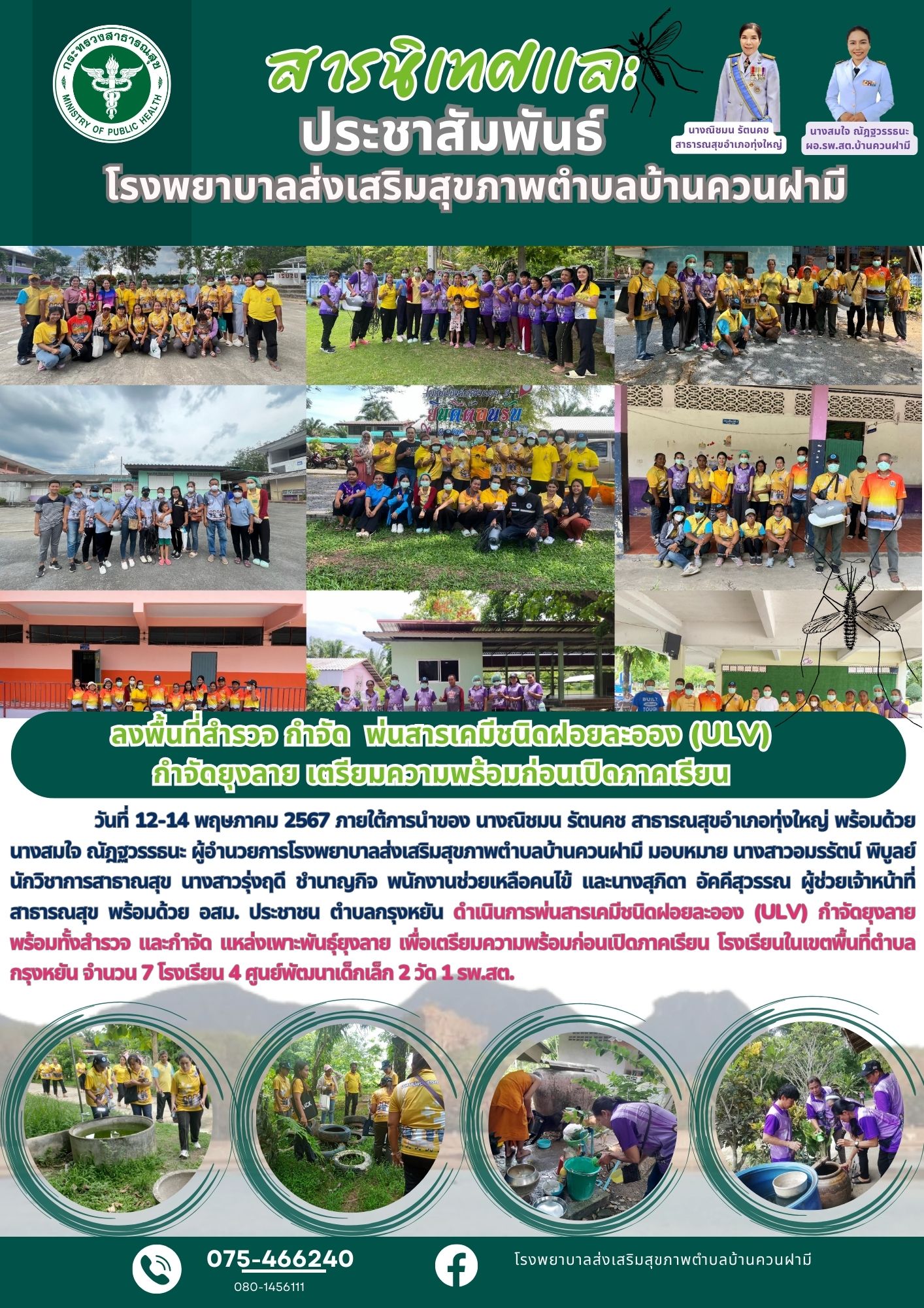 วันที่ 12-14 พฤษภาคม 2567 ภายใต้การนำของ นางณิชมน รัตนคช สาธารณสุขอำเภอทุ่งใหญ่ พร้อมด้วย นางสมใจ ณัฎฐวรรธนะ ผู้อำน﻿วยการโรงพยาบาลส่งเสริมสุขภาพตำบลบ้านควนฝามี มอบหมาย นางสาวอมรรัตน์ พิบูลย์ นักวิชาการสาธาณสุข นางสาวรุ่งฤดี ชำนาญกิจ พนักงานช่วยเหลือคนไข้ เเละนางสุภิดา อัคคีสุวรรณ ผู้ช่วยเจ้าหน้าที่สาธารณสุข พร้อมด้วย อสม. ประชาชน ตำบลกรุงหยัน ดำเนินการพ่นสารเคมีชนิดฝอยละออง (ULV) กำจัดยุงลายพร้อมทั้งสำรวจ เเละกำจัด เเหล่งเพาะพันธุ์ยุงลาย เพื่อเตรียมความพร้อมก่อนเปิดภาคเรียน โรงเรียนในเขตพื้นที่ตำบลกรุงหยัน จำนวน 7 โรงเรียน 4 ศูนย์พัฒนาเด็กเล็ก 2 วัด 1 รพ.สต.
